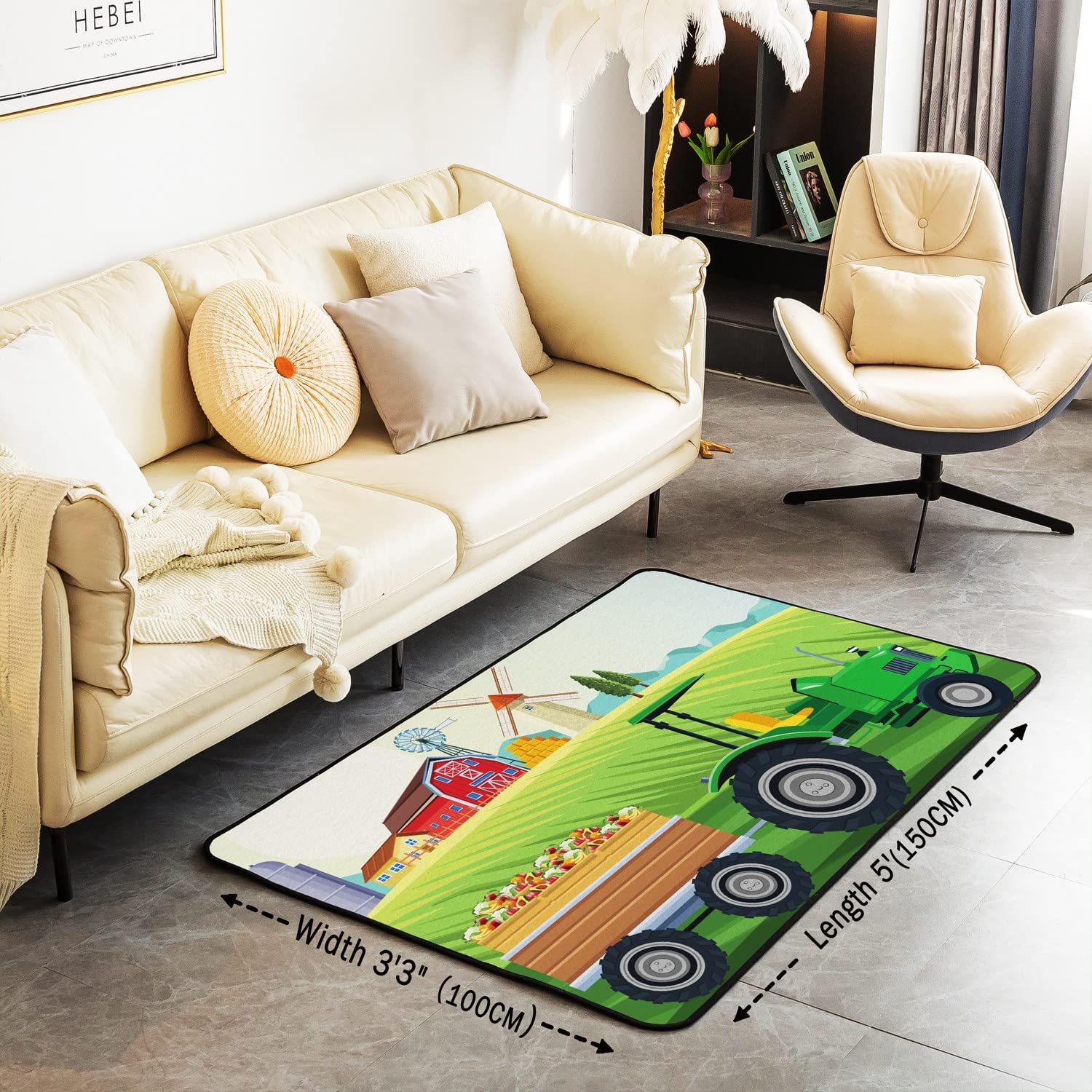 Tractor Area Rug 3'x5' Cartoon Farm Equipment Trucks Rugs Mat for Green Construction Car Living Room Bedroom Decor Harvester Tractor Carpet Non Slip Area Runner Rug