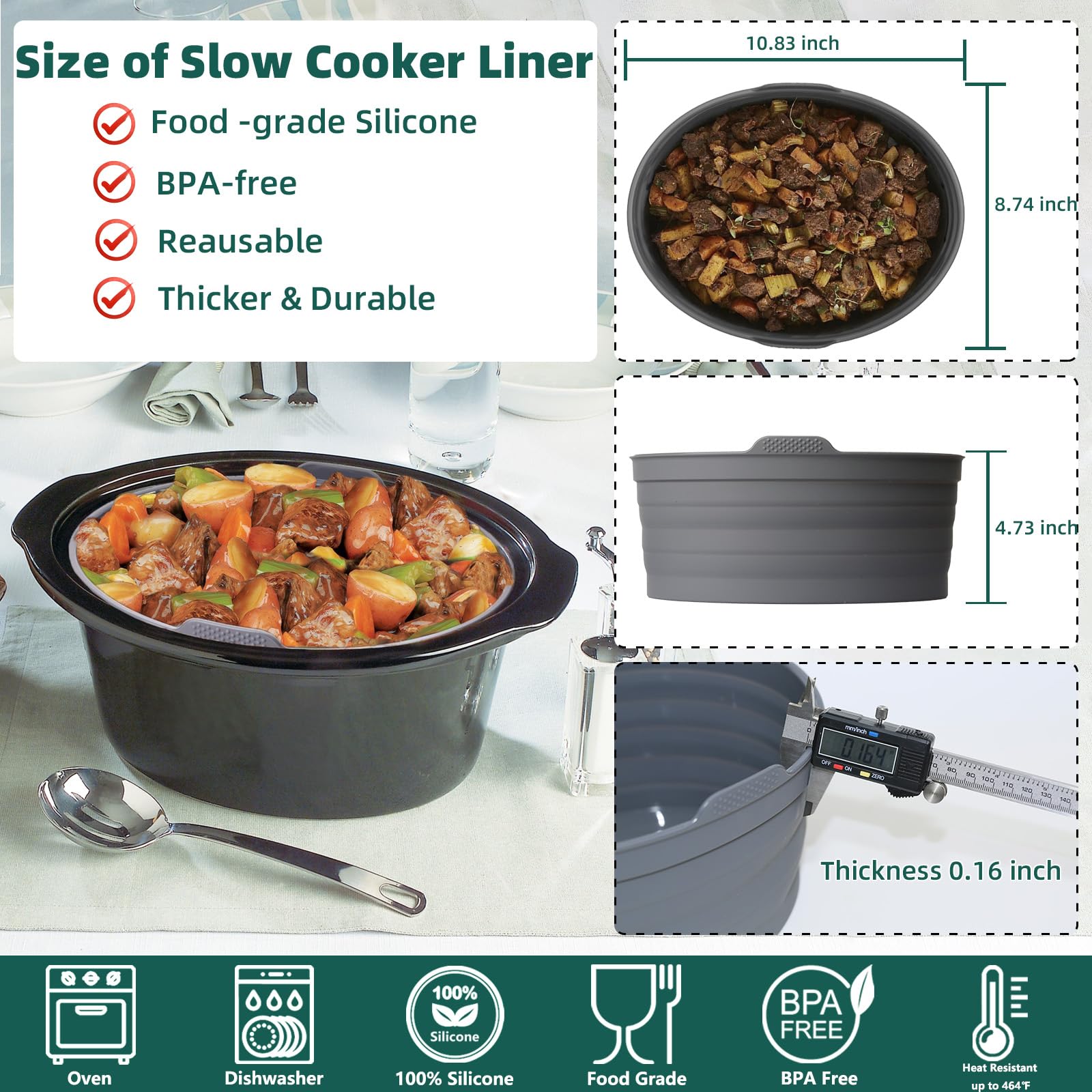 Slow Cooker Liners, Foldable Reusable Silicone Cooking Liners Compatible with Crock-Pot & Hamilton Beach Oval 6-7 QT, Leakproof Dishwasher Safe Slow Cooker Accessories for Most Oval Shape 1 PCS Grey