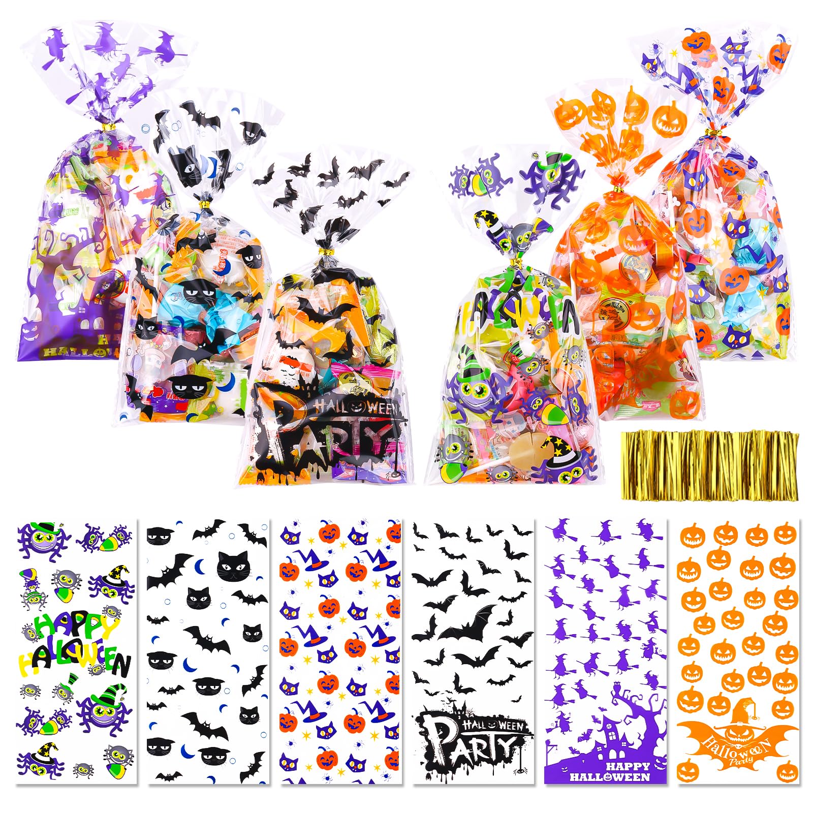 FUSHENMU 150pcs Halloween Cellophane Treat Bags Spider Bat Treat Candy Bags with Twist Ties Goodie Bags for Halloween Trick or Treat Party Favor Supply