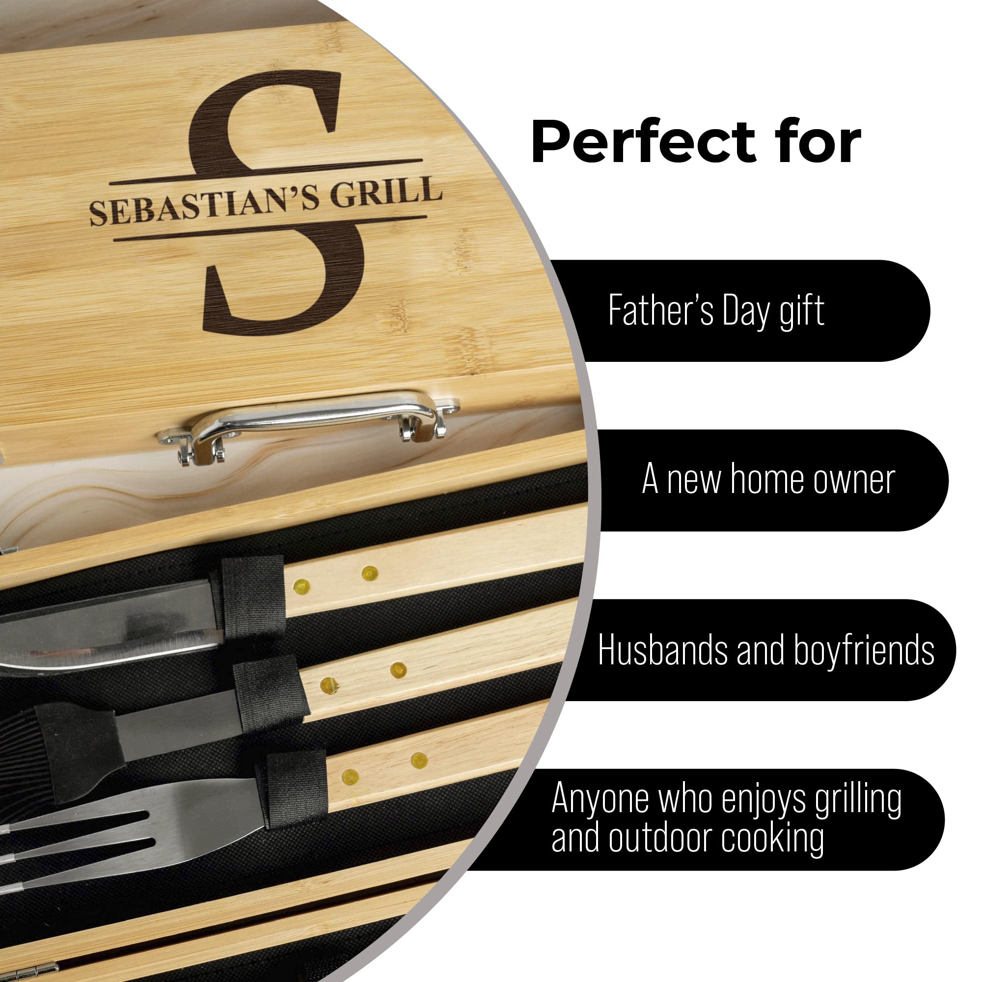 Personalized BBQ set box for men, custom engraved name outdoor cooking barbecue master grilling utensil accessories kit for dad & husband, father’s day gift (Customized)