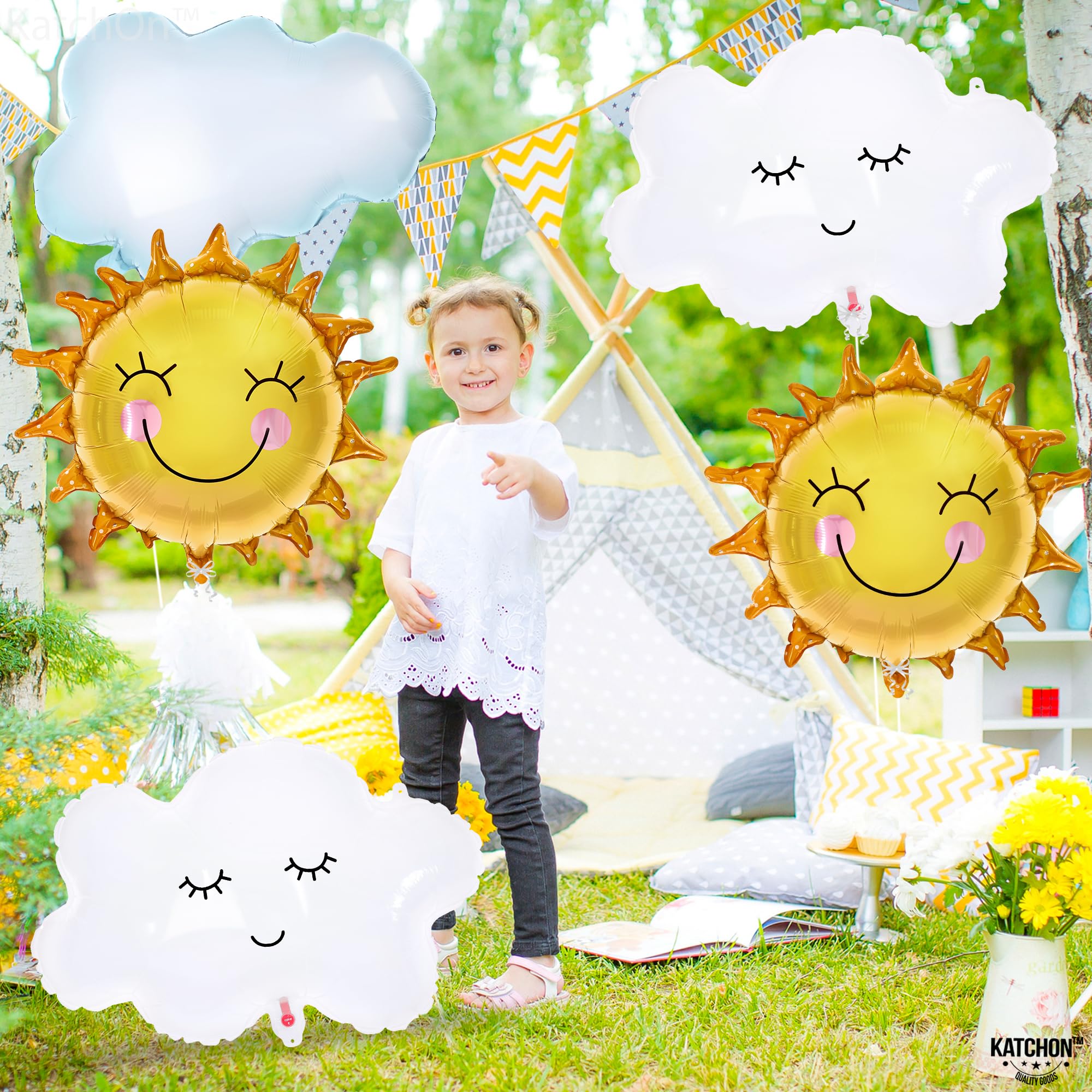 KatchOn, Big Sun and Cloud Balloons Set - 29 Inch, Pack of 5 | Foil Sun Balloons, Sunshine Party Decorations | Sunshine Baby Shower Decorations | Boho Sunshine Balloons for Summer Party Decorations