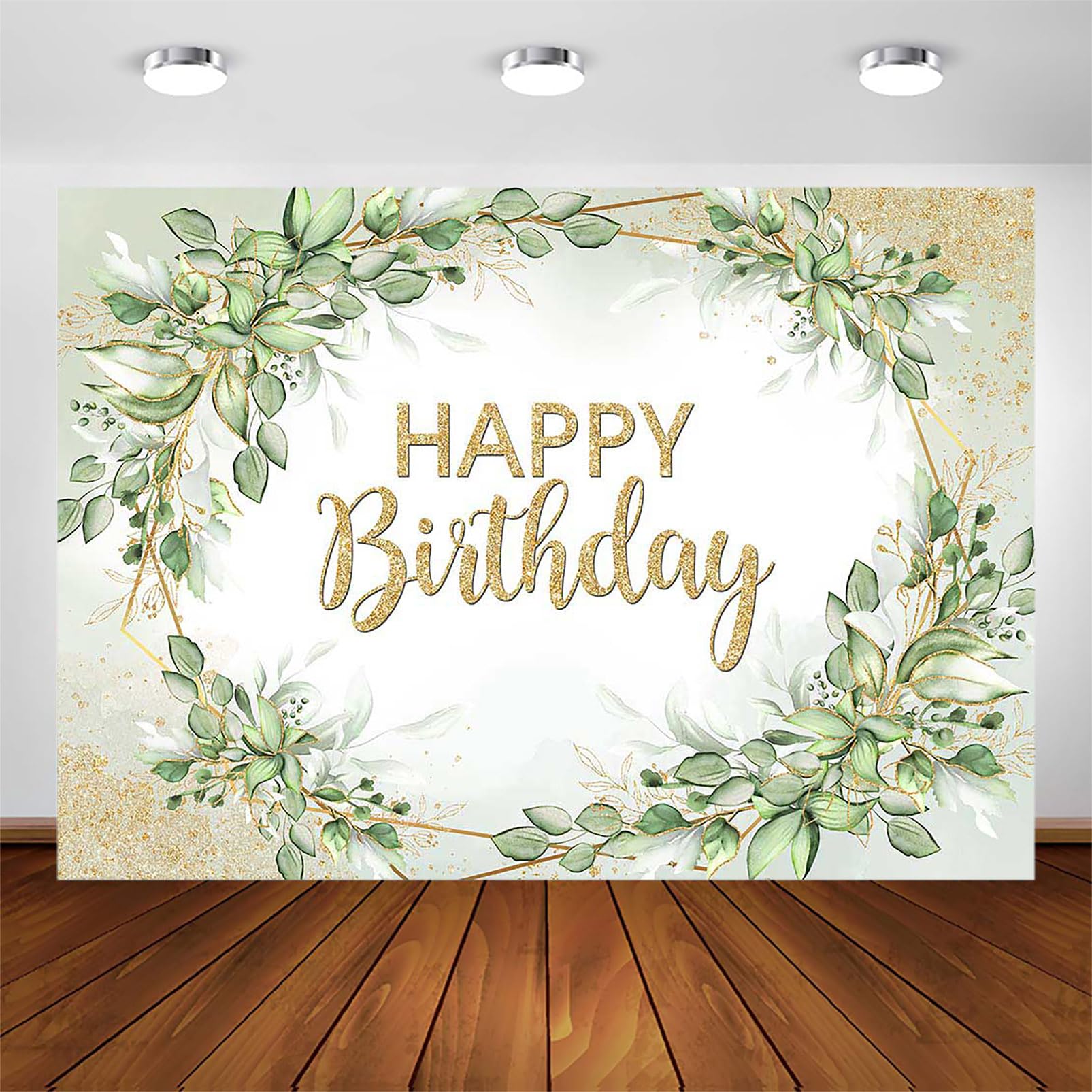 Avezano Sage Green Birthday Party Decorations Sprinkle Gold Dots Happy Birthday Backdrop Greenery Leaves Bday Photoshoot Background Banner (7x5ft)