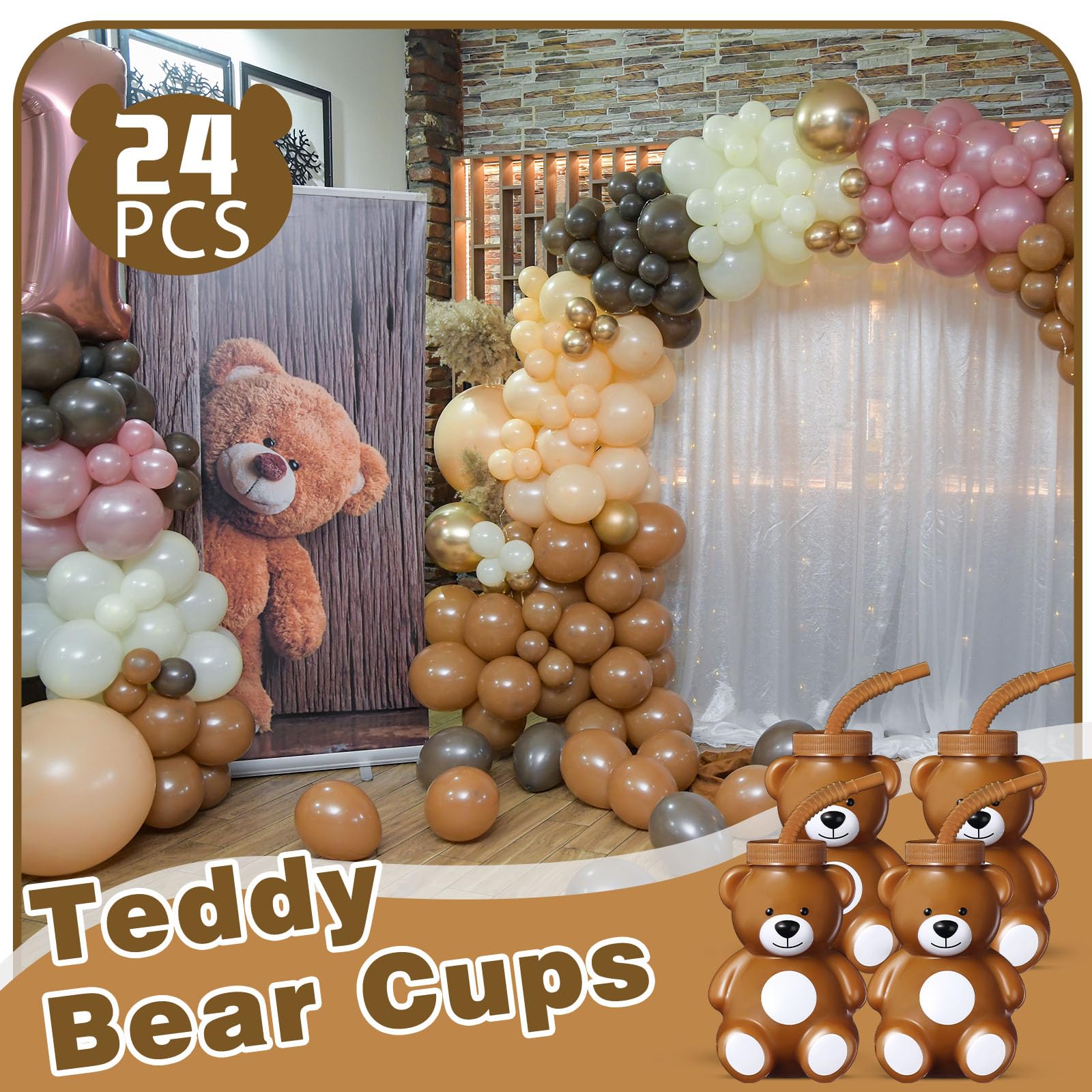 Maxdot 12 Pieces Baby Shower Birthday Party Favor Gift Supplies Bear Cups with Straws,10 oz Plastic Bear Shape Cup Reusable Creative Cups Bulk for Baby Shower Birthday Gift Wedding Party Favors(Brown)