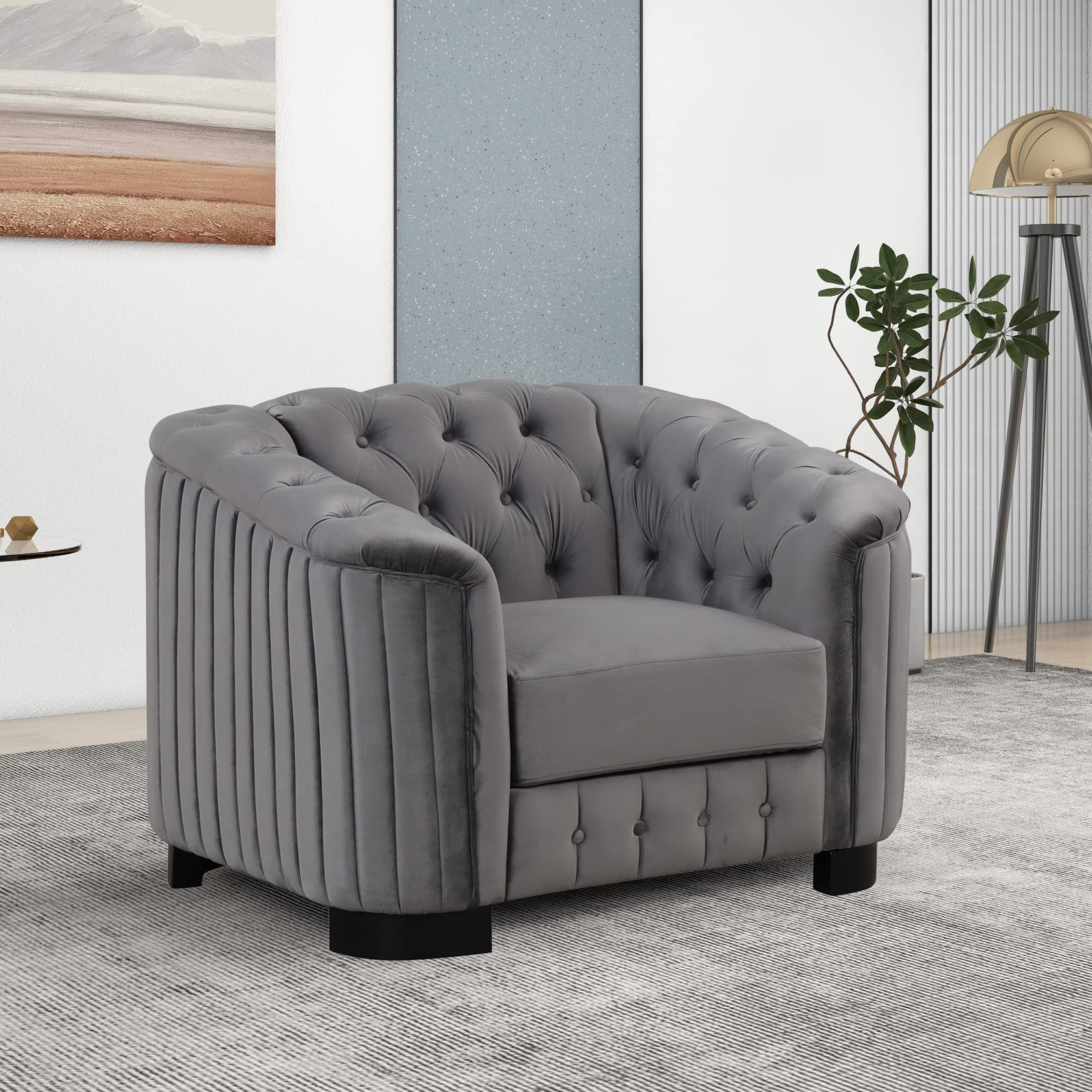 P PURLOVE Modern Single Sofa with Arms and Rubber Wood Legs, Velvet Upholstered Accent Sofa with Thick Removable Seat Cushion, Single Couch for Living Room, Bedroom or Small Space, Gray