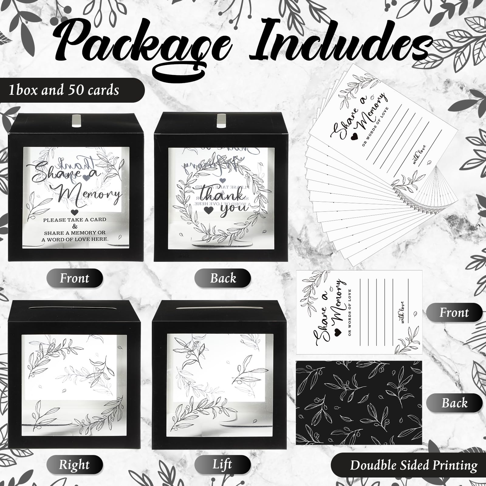 Pajean 50 Pcs Greenery Share a Memory Cards for Collections of Life, Memory Cards Box Guest Card Ideas for Funeral Graduation Wedding Bridal Shower Birthday Anniversary Retirement (Black)