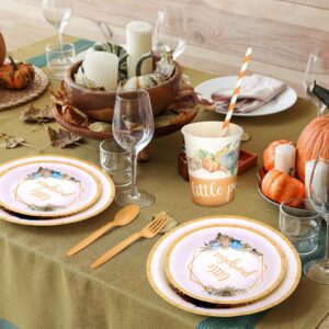 Tanlade 193 Pcs Fall Little Pumpkin Baby Shower Party Decoration Set Including Disposable Fall Baby Shower Paper Plates Cups Napkin Straws Plastic Knives Forks Spoons Set(Fall Baby Shower Party)