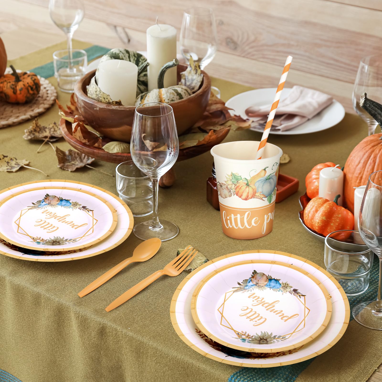 Tanlade 193 Pcs Fall Little Pumpkin Baby Shower Party Decoration Set Including Disposable Fall Baby Shower Paper Plates Cups Napkin Straws Plastic Knives Forks Spoons Set(Fall Baby Shower Party)