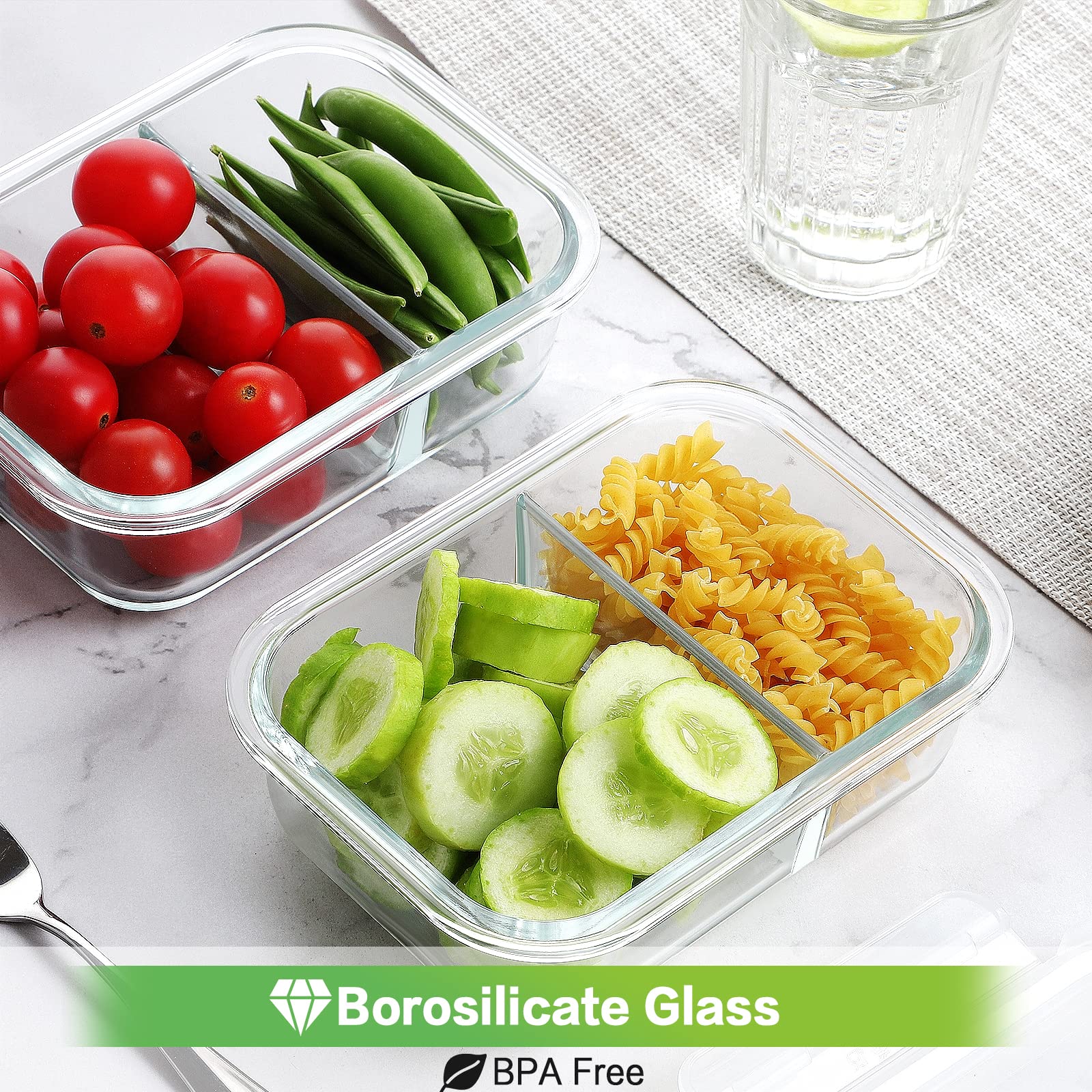 HOMBERKING 10 Pack Glass Meal Prep Containers 2 Compartment, Glass Food Storage Containers with Lids, Airtight Glass Lunch Bento Boxes, BPA-Free & Leak Proof (10 lids & 10 Containers) - Grey