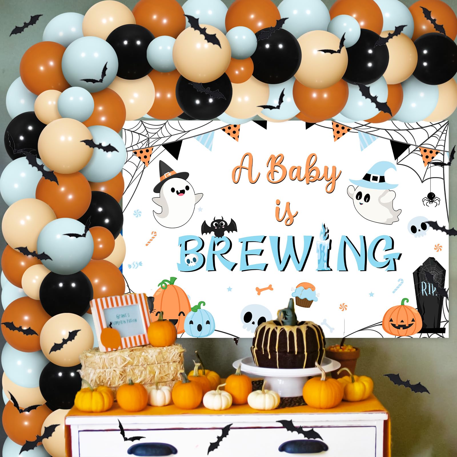 Halloween Baby Shower Decorations for Boys - A Baby is Brewing Backdrop, Blue and Orange Black Bat Balloons Garland Arch Kit