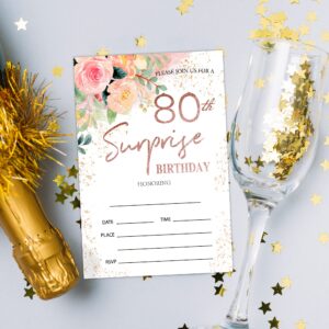 Zodvery Surprise 80th Birthday Party Invitations Cards - 80 Years old Rose Floral Pink Theme Party Supplies for Adult, Woman or Man - 20 Fill in Birthday Party Invitations and 20 Envelopes set/66