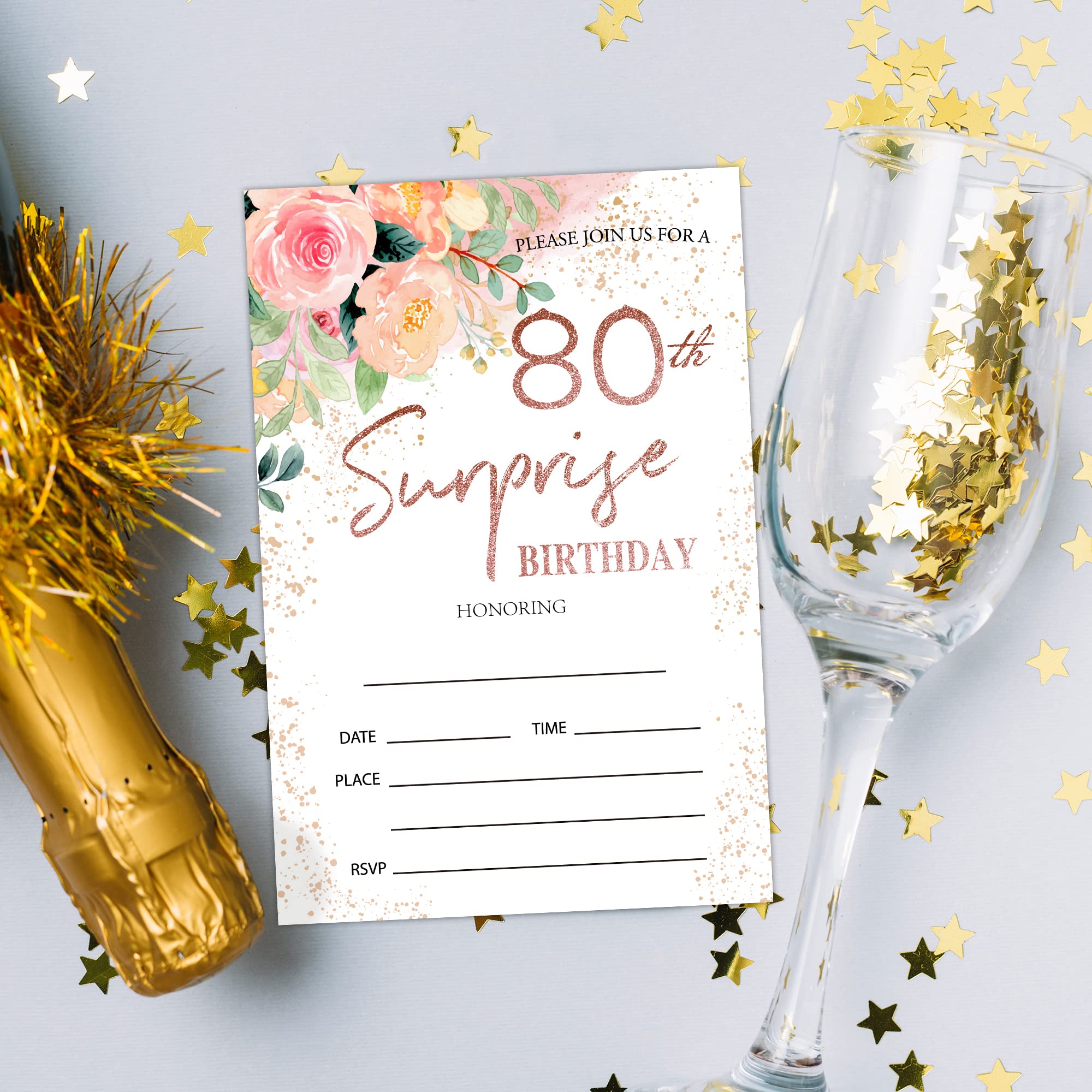 Zodvery Surprise 80th Birthday Party Invitations Cards - 80 Years old Rose Floral Pink Theme Party Supplies for Adult, Woman or Man - 20 Fill in Birthday Party Invitations and 20 Envelopes set/66