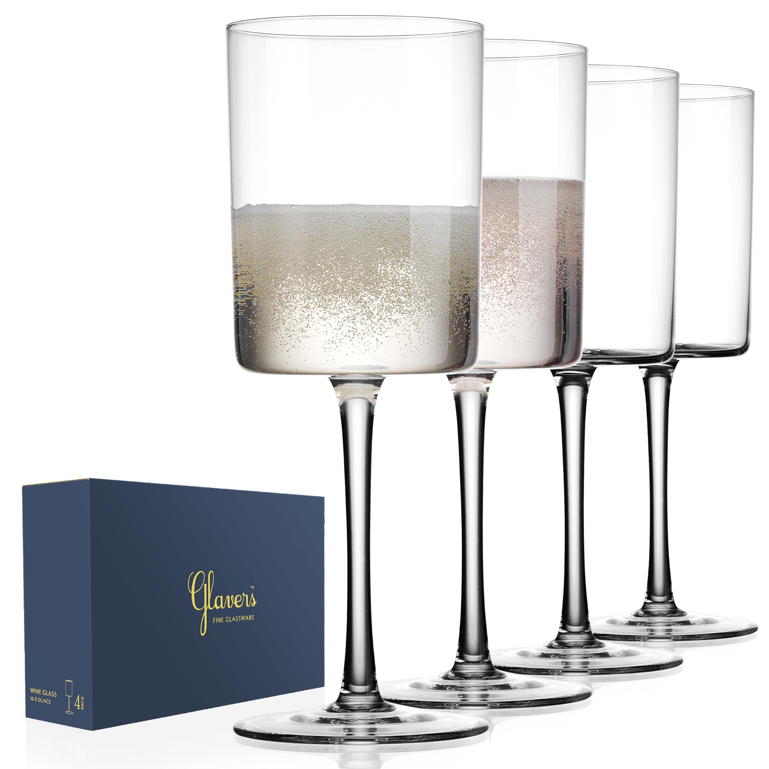 Square Wine Glasses Set of 4, Crystal Stemmed Modern Wine Glasses 16 Oz, Tall Thin Rim, Large Wine Glasses For Red and White Wine, Elegant Gifting Packaging, Dishwasher Safe. Snifter