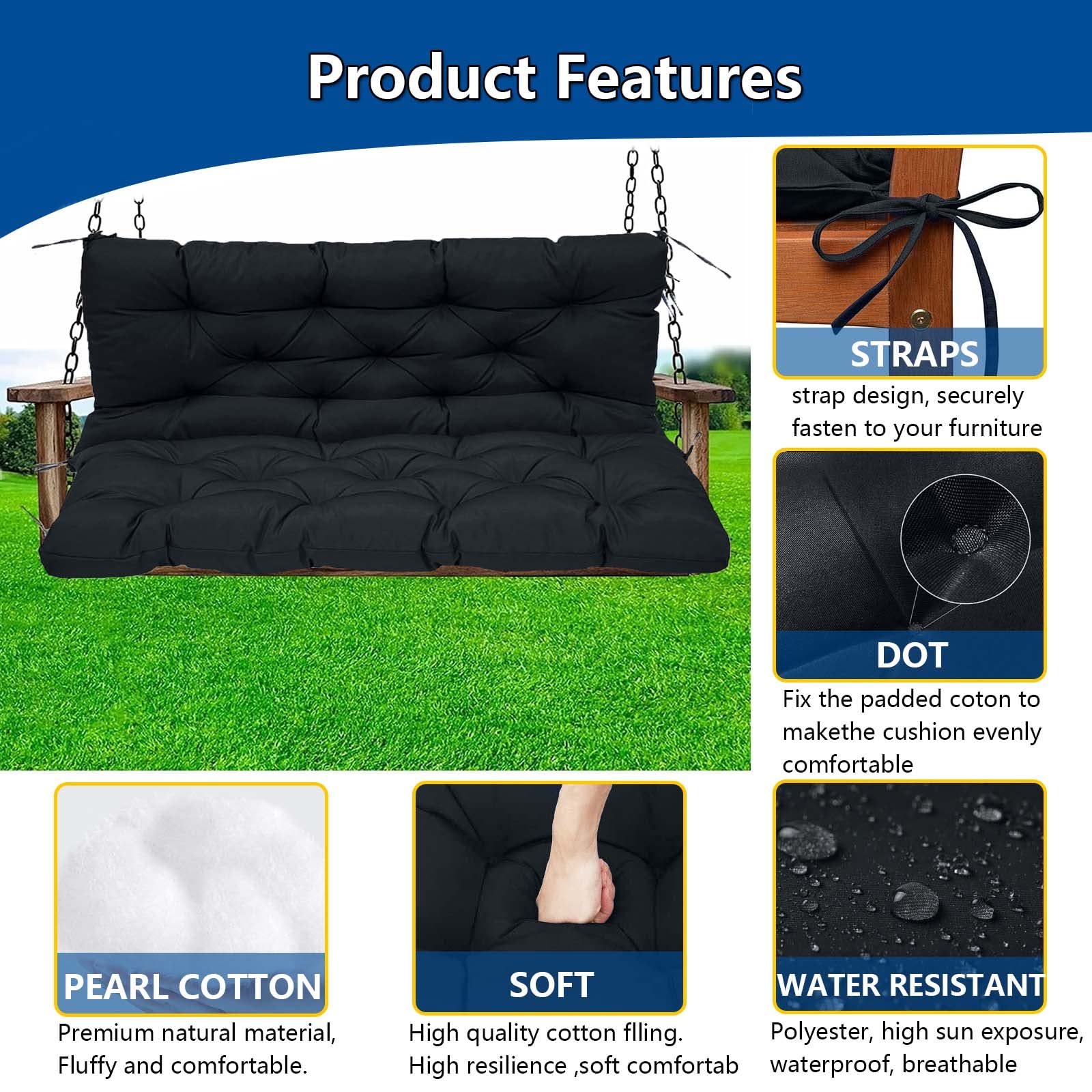 lsxlkha Bench Cushion Porch Swing Cushions Outdoor, Patio Chair Cushions High Back, Waterproof Bench Cushion 60 inch Thicken Swing Replacement Cushions for Outdoor Furniture (Black 60x40in)