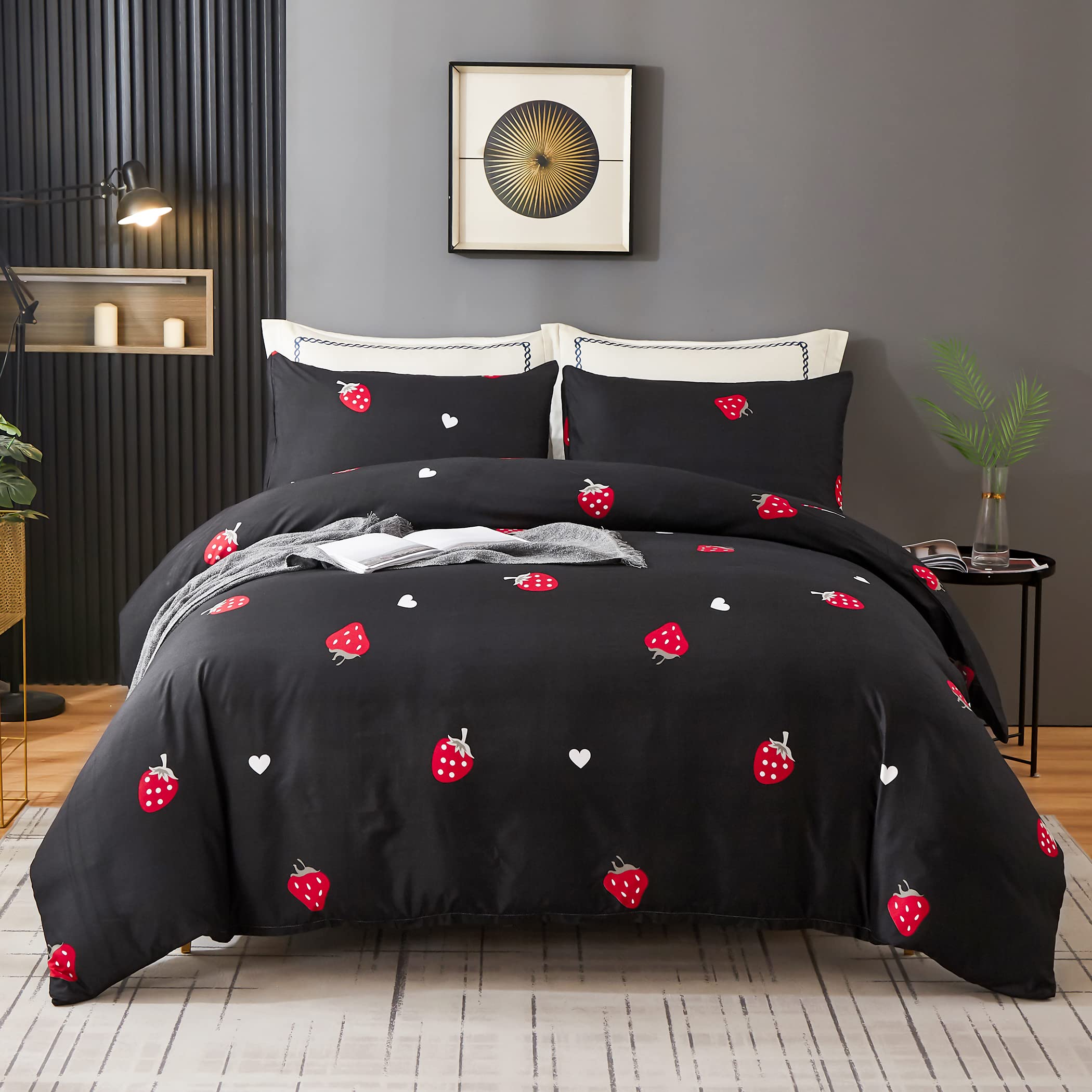 LAMEJOR Black Duvet Cover Set Twin Size Red Strawberry Print Soft Bedding Set Comforter Cover (1 Duvet Cover + 2 Pillowcases)