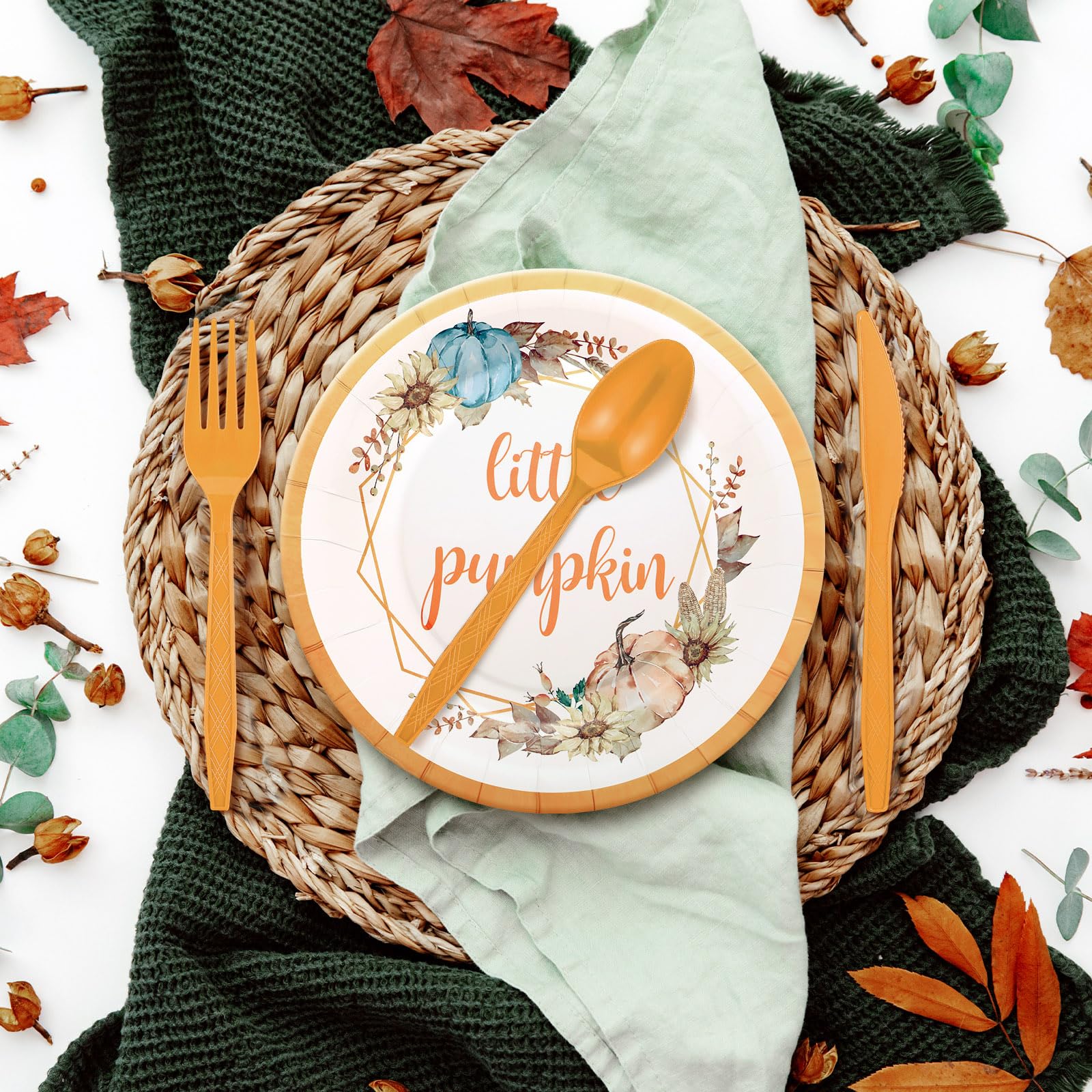 Tanlade 193 Pcs Fall Little Pumpkin Baby Shower Party Decoration Set Including Disposable Fall Baby Shower Paper Plates Cups Napkin Straws Plastic Knives Forks Spoons Set(Fall Baby Shower Party)