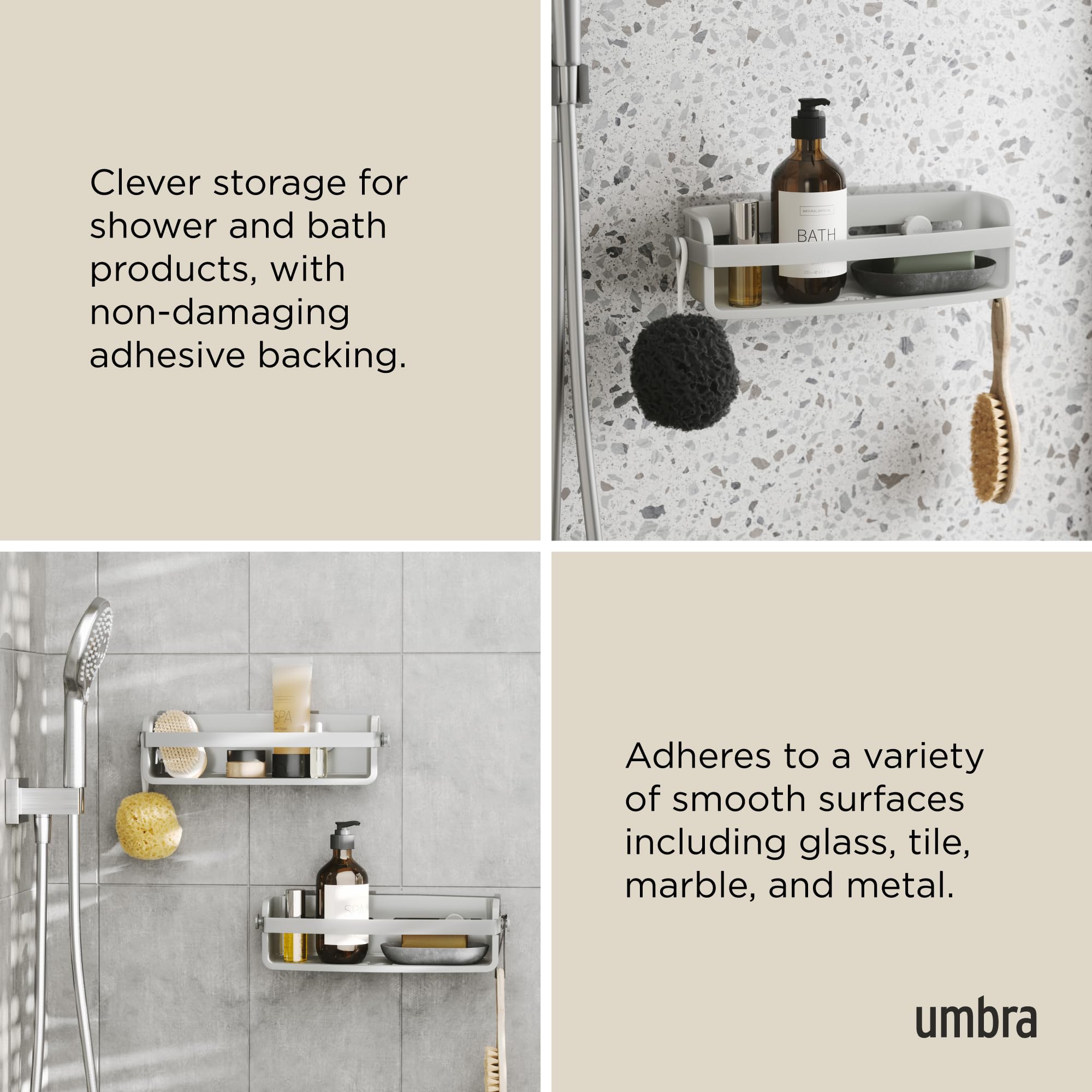 Umbra Flex Adhesive Shower Shelf for Bathroom, Grey