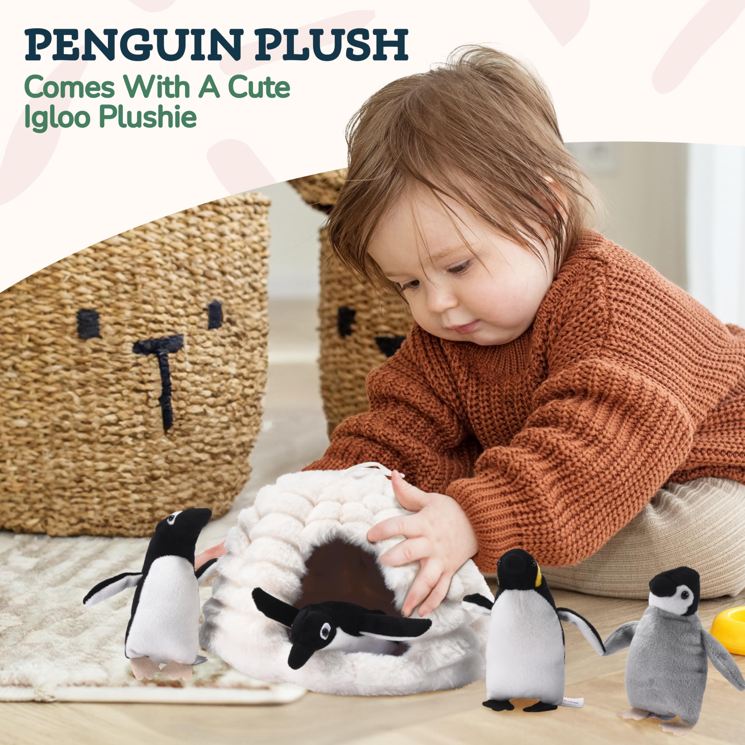 Snug A Babies Penguin Stuffed Animal Set - 4 Soft and Cuddly Plush Penguins with Igloo - Perfect Penguin Plush Toy for Kids to Play, Cuddle, and Uplift Social Skills - Soft, Huggable, and Safe