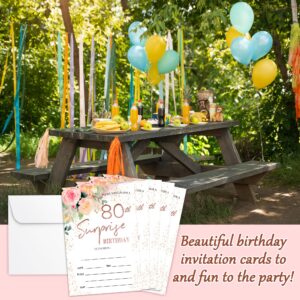 Zodvery Surprise 80th Birthday Party Invitations Cards - 80 Years old Rose Floral Pink Theme Party Supplies for Adult, Woman or Man - 20 Fill in Birthday Party Invitations and 20 Envelopes set/66