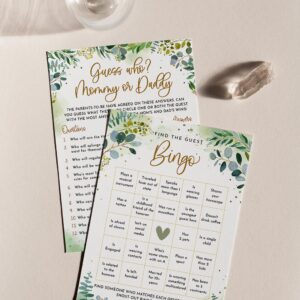 Greenery Baby Shower Games for 50 Guests, 6 Games Double-Sided Cards, Gender Neutral for Boys or Girls