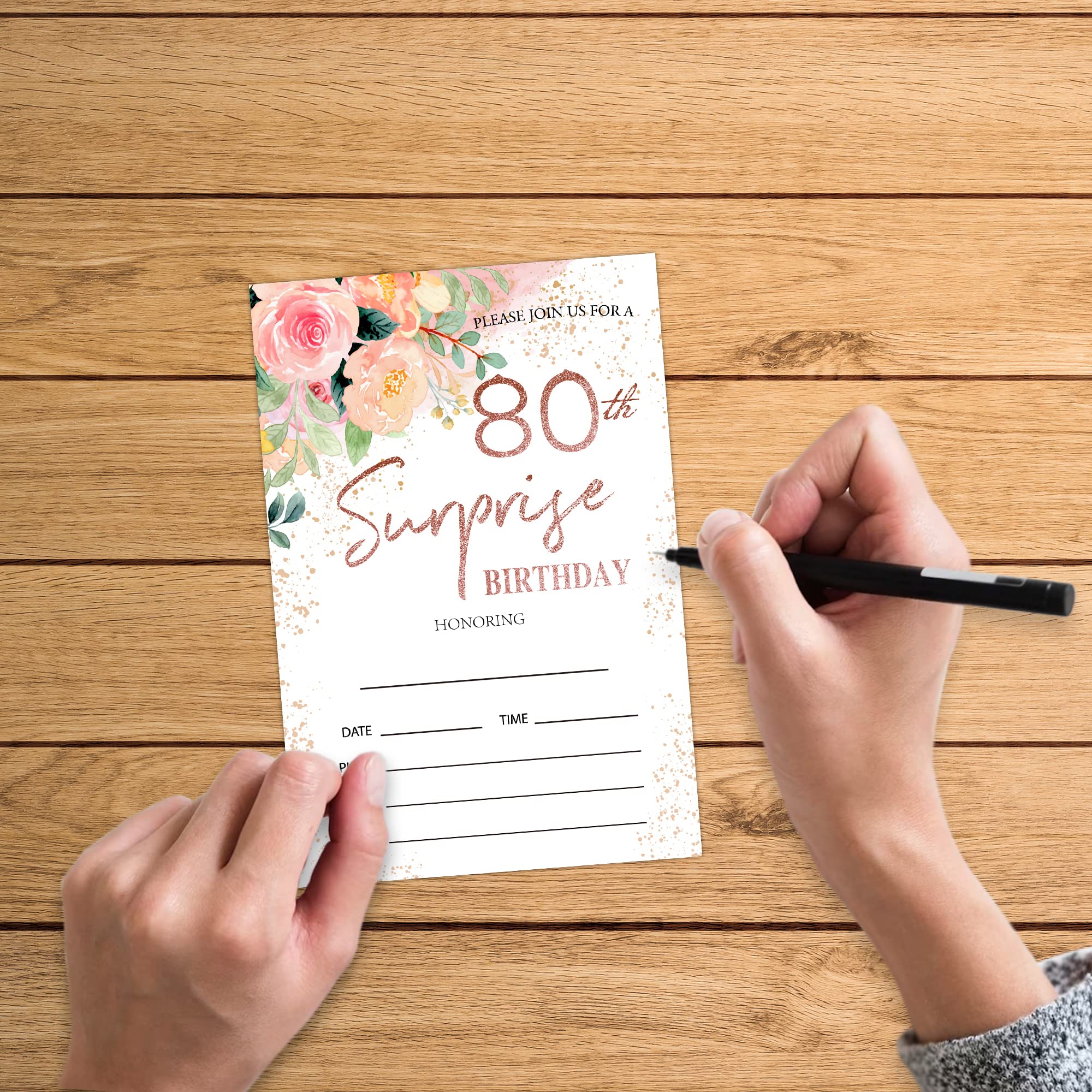 Zodvery Surprise 80th Birthday Party Invitations Cards - 80 Years old Rose Floral Pink Theme Party Supplies for Adult, Woman or Man - 20 Fill in Birthday Party Invitations and 20 Envelopes set/66