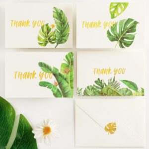 crisky 4x6 greenery 4 assorted thank you cards with envelopes (50 pack) & stickers greeting cards bulk, tropical plants for birthday, baby shower,bridal shower, wedding, graduation