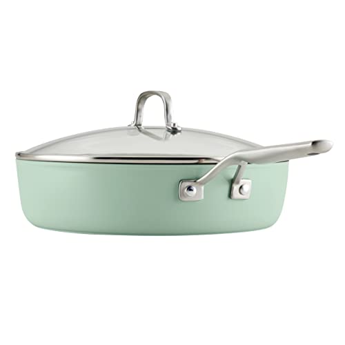 KitchenAid Hard Anodized Ceramic 5-Quart Nonstick Sauté Pan with Shatter-Resistant Lid & Riveted Handle – Durable, Even Heating, Easy Clean, Oven Safe to 500°F, Pistachio