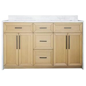 Kitchen Bath Collection Palisade 60-inch Double Bathroom Vanity (Engineered Marble/Blonde): Includes Blonde Cabinet with Engineered Marble Waterfall Countertop and White Ceramic Sink