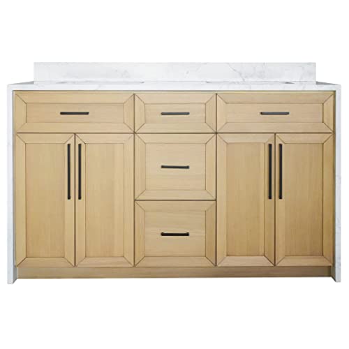 Kitchen Bath Collection Palisade 60-inch Double Bathroom Vanity (Engineered Marble/Blonde): Includes Blonde Cabinet with Engineered Marble Waterfall Countertop and White Ceramic Sink