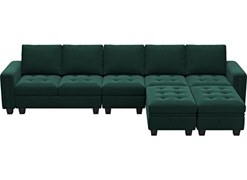 Belffin Large Velvet L Shaped Sectional Sofa Couch with Reversible Double Chaises Modular Sectional Sofa Couch with Storage Ottomans Convertible Sectional Sofa Green