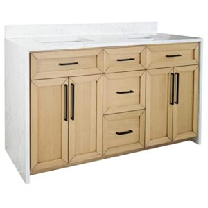 Kitchen Bath Collection Palisade 60-inch Double Bathroom Vanity (Engineered Marble/Blonde): Includes Blonde Cabinet with Engineered Marble Waterfall Countertop and White Ceramic Sink