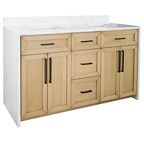 Kitchen Bath Collection Palisade 60-inch Double Bathroom Vanity (Engineered Marble/Blonde): Includes Blonde Cabinet with Engineered Marble Waterfall Countertop and White Ceramic Sink