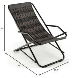 Tangkula Wicker Sling Chair Outdoor, Patio Deck Chair with Rattan Seat, Metal Frame, Armrests, Portable Folding Beach Chair for Porch, Poolside, Balcony, Garden