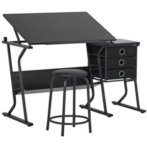 SD Studio Designs 2 Piece Eclipse Ultra Center/Drawing Table with Stool, Angle Adjustable Top, Storage Shelves, and Drawers