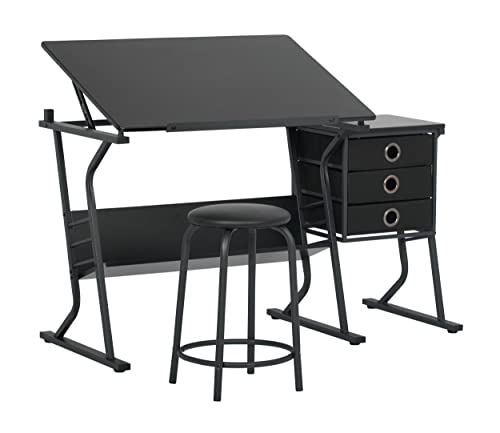 SD Studio Designs 2 Piece Eclipse Ultra Center/Drawing Table with Stool, Angle Adjustable Top, Storage Shelves, and Drawers