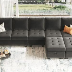 Belffin Large Velvet L Shaped Sectional Sofa Couch with Reversible Double Chaises Modular Sectional Sofa Couch with Storage Ottomans Convertible Sectional Sofa Grey