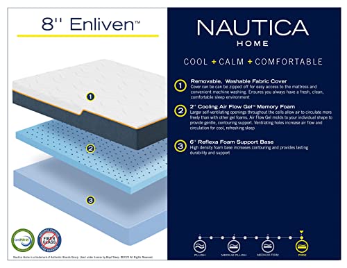 Nautica Home Enliven 8" Medium Gel Memory Foam Mattress with Cooling Air Flow and Pressure Relieving Foam Layers, Bed-in-a-Box, King, White