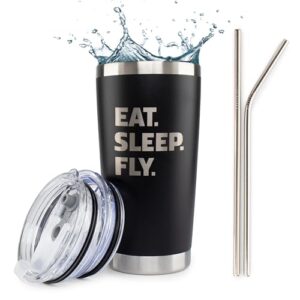 JENVIO Pilot Gifts | 20oz Laser Etched Stainless Steel Travel Tumbler Mug 2 Lids 2 Straws Gift Box and Card Included | Aviation Flight Attendant Airplane Decor Men Christmas