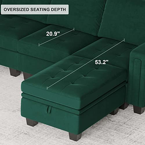 Belffin Large Velvet L Shaped Sectional Sofa Couch with Reversible Double Chaises Modular Sectional Sofa Couch with Storage Ottomans Convertible Sectional Sofa Green