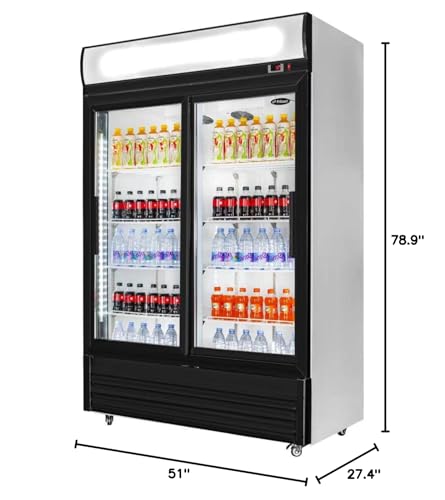 FRICOOL Merchandiser Refrigerator 2 Sliding Doors, 31 cu ft Beverage Display Cooler, Commercial Upright Fridge with LED Lighting, Adjustable Shelves for Displaying Beverages and Drinks, Black