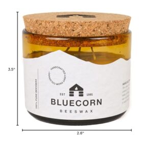 Bluecorn Beeswax Candle in Artisan Blown Glass. 100% Pure, Unscented Raw Beeswax Candle in 100% Recycled Glass. Non-Toxic. Handmade in Colorado. 3-Wick Candle in 22 oz Amber Glass.