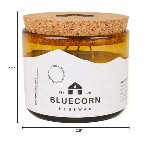 Bluecorn Beeswax Candle in Artisan Blown Glass. 100% Pure, Unscented Raw Beeswax Candle in 100% Recycled Glass. Non-Toxic. Handmade in Colorado. 3-Wick Candle in 22 oz Amber Glass.