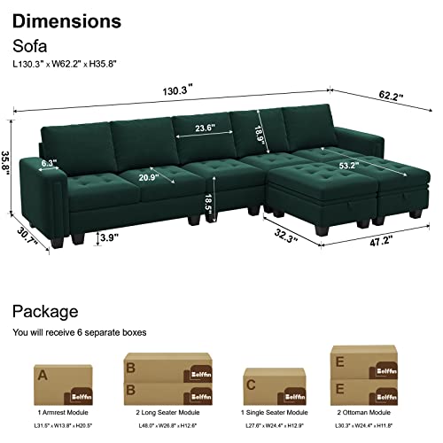 Belffin Large Velvet L Shaped Sectional Sofa Couch with Reversible Double Chaises Modular Sectional Sofa Couch with Storage Ottomans Convertible Sectional Sofa Green