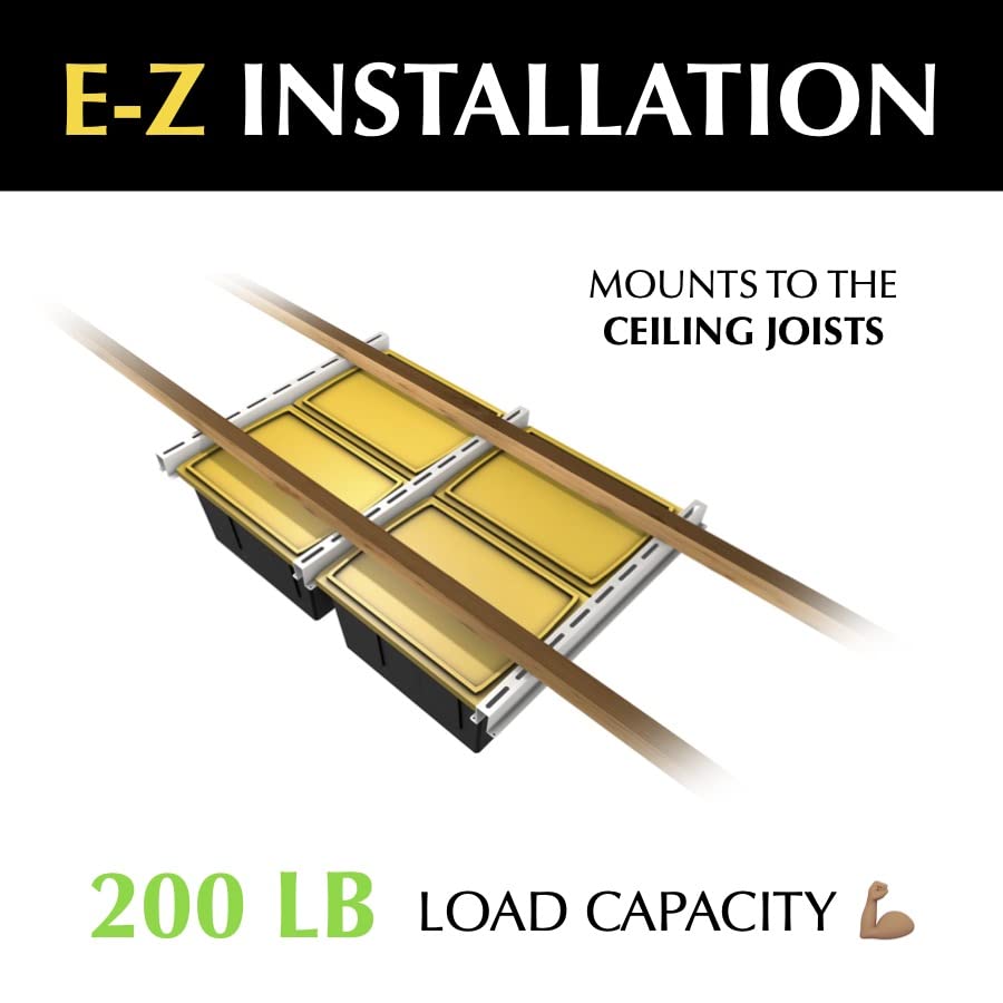 E-Z Garage Storage Overhead Bin Storage Rack Organization System - Store 4 Bins on Garage Ceiling/Adjustable to Fit Any Size Tub - Made In USA