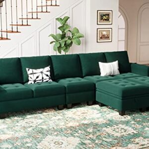 Belffin Large Velvet L Shaped Sectional Sofa Couch with Reversible Double Chaises Modular Sectional Sofa Couch with Storage Ottomans Convertible Sectional Sofa Green