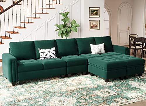 Belffin Large Velvet L Shaped Sectional Sofa Couch with Reversible Double Chaises Modular Sectional Sofa Couch with Storage Ottomans Convertible Sectional Sofa Green