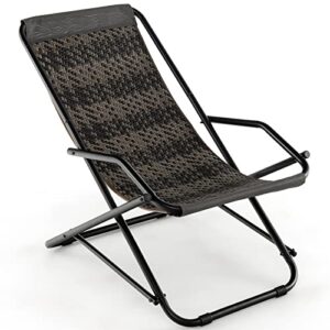 tangkula wicker sling chair outdoor, patio deck chair with rattan seat, metal frame, armrests, portable folding beach chair for porch, poolside, balcony, garden