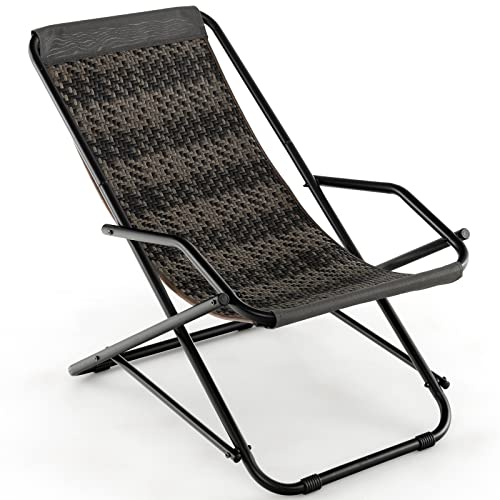 Tangkula Wicker Sling Chair Outdoor, Patio Deck Chair with Rattan Seat, Metal Frame, Armrests, Portable Folding Beach Chair for Porch, Poolside, Balcony, Garden