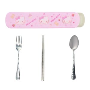 kawaii kitty portable stainless steel flatware set, 3 pack reusable travel utensils dinnerware set with case, camping cutlery set, chopsticks fork spoon tableware