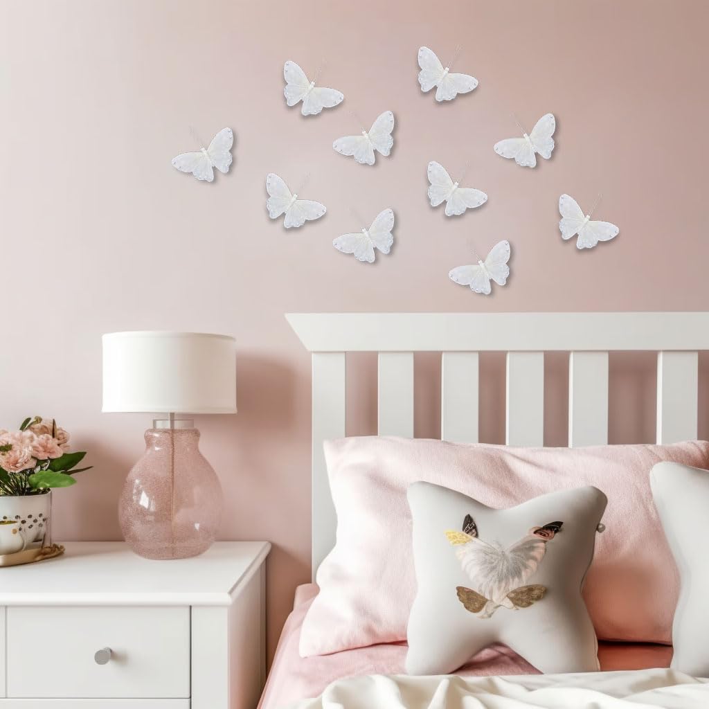 White Butterfly Stickers for Walls: 6pcs 3D Feather Butterflies Wall Decor with Pearls Glitters for Girls Bedroom Baby Shower Wedding Cake Office Decor Decorative Butterfly Wall Decals for Bathroom