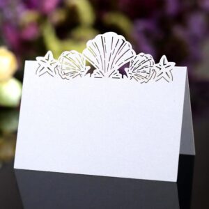 Pack of 50 Beach Themed Wedding Place Card Seashell Table Numbers Name Place Card Laser Cut Hollow Shells Setting Seat Card Placecard for Banquets Dinner Party (White)